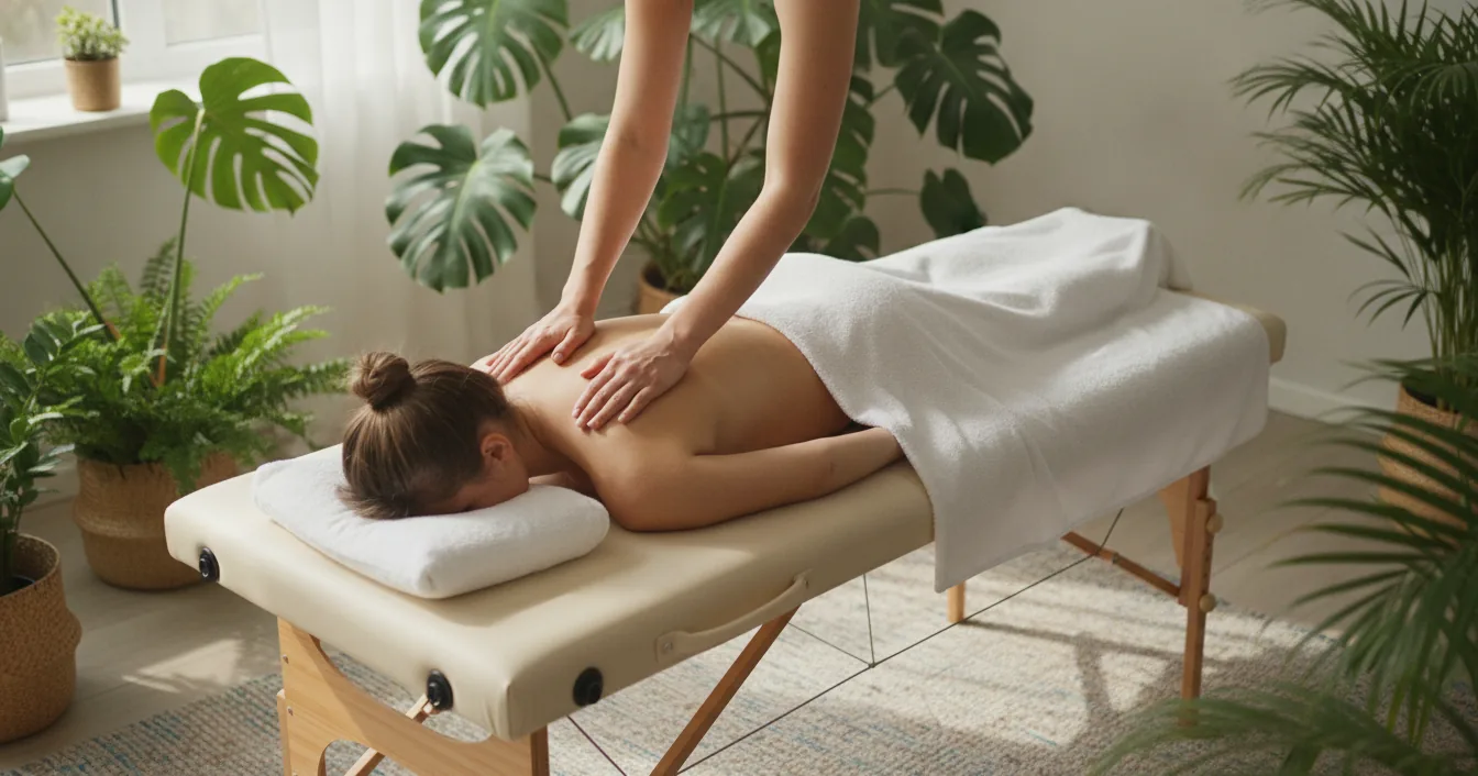 Seen from directly above, a massage therapist's hands rest on a draped client's upper back on a portable table in a bright, plant-filled living room.