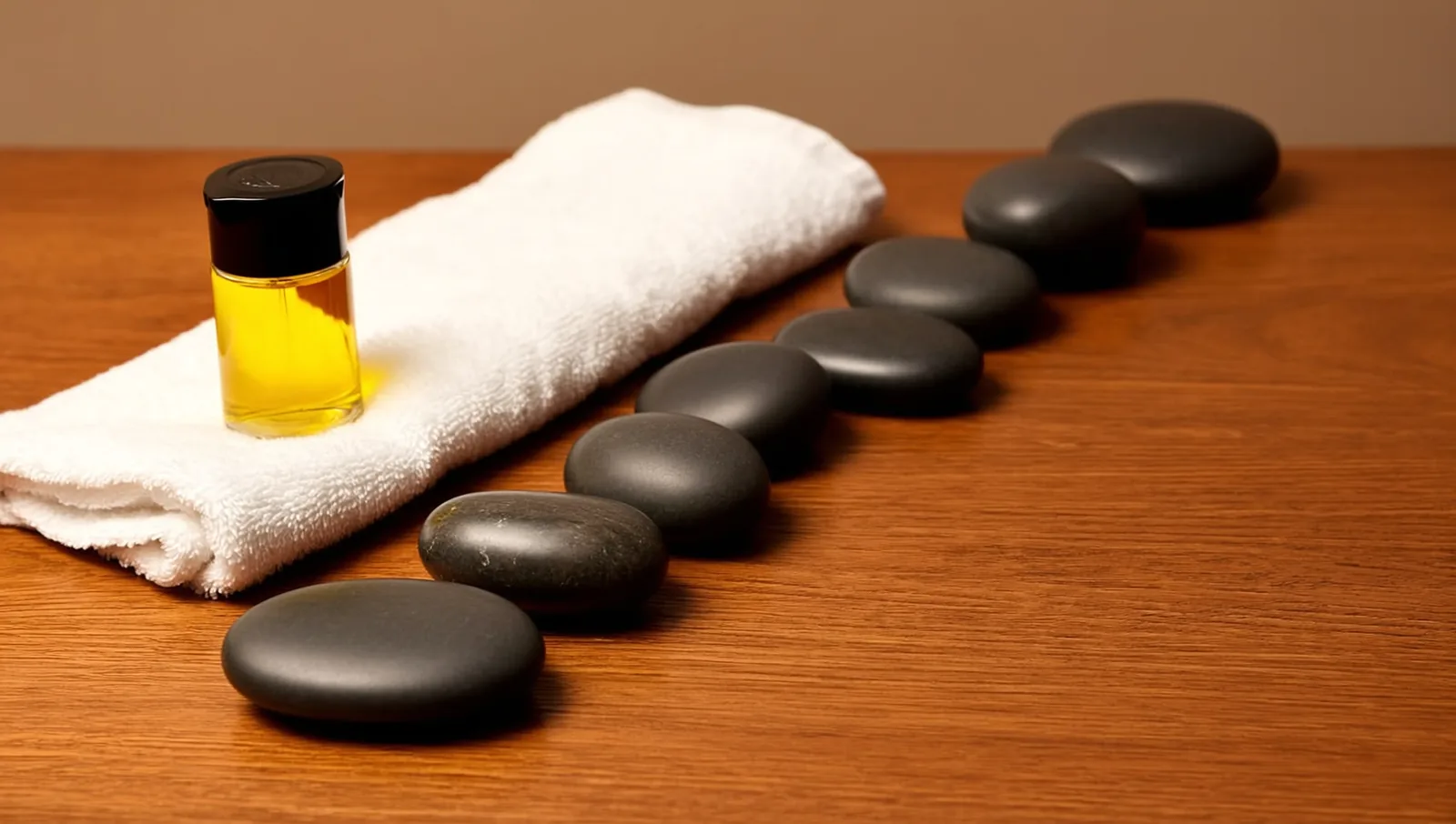 A neat row of smooth dark basalt massage stones arranged beside a bottle of oil on a folded towel in a calm spa setting.