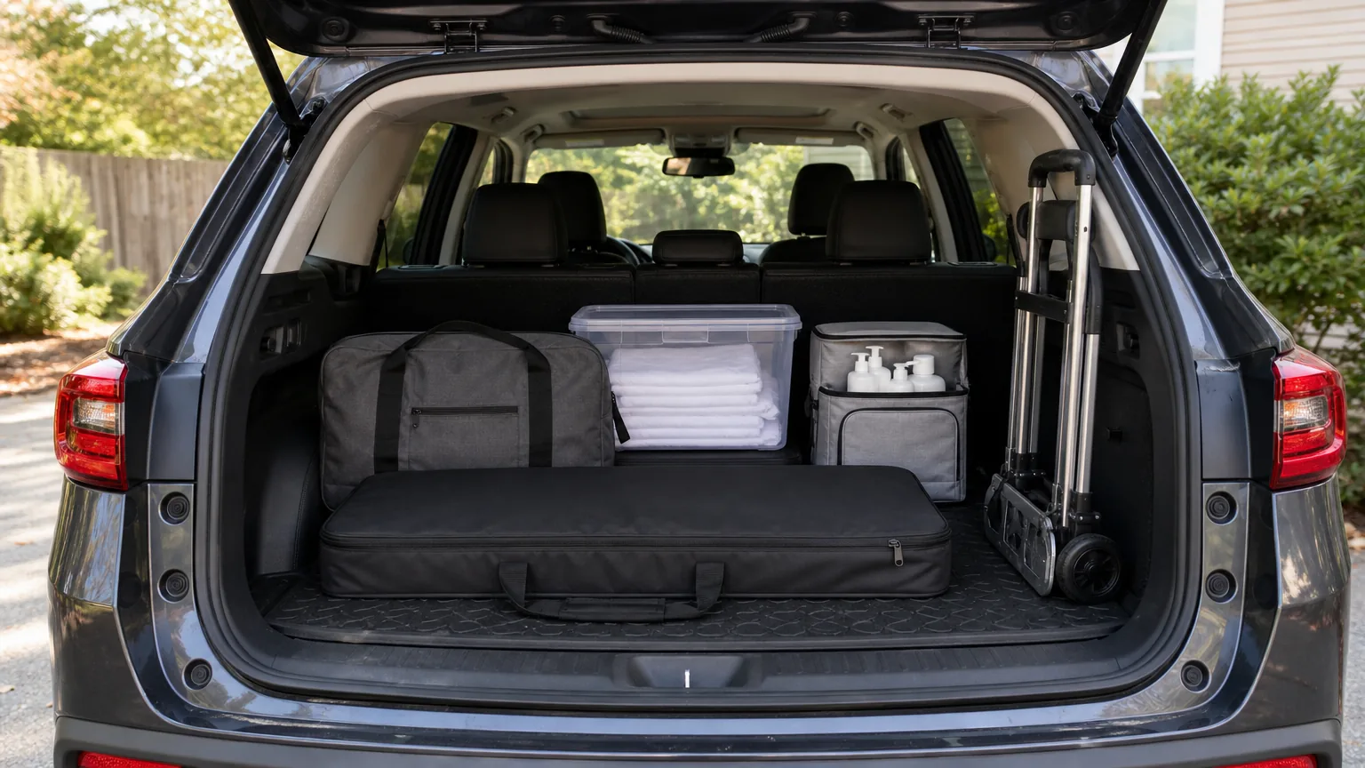Organized car cargo area with massage table bag and bins