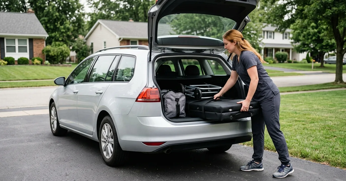Massage therapist loading a folded table into a car hatchback