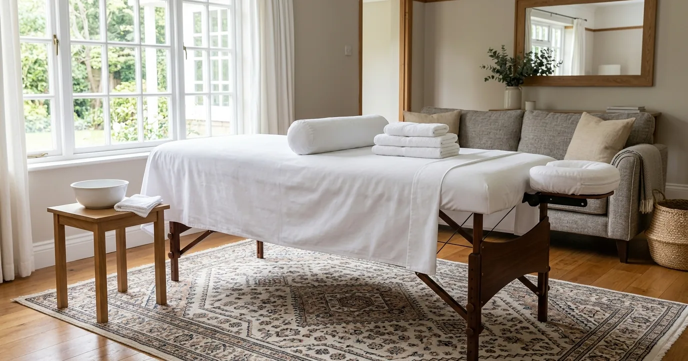 Portable massage table set up in a living room