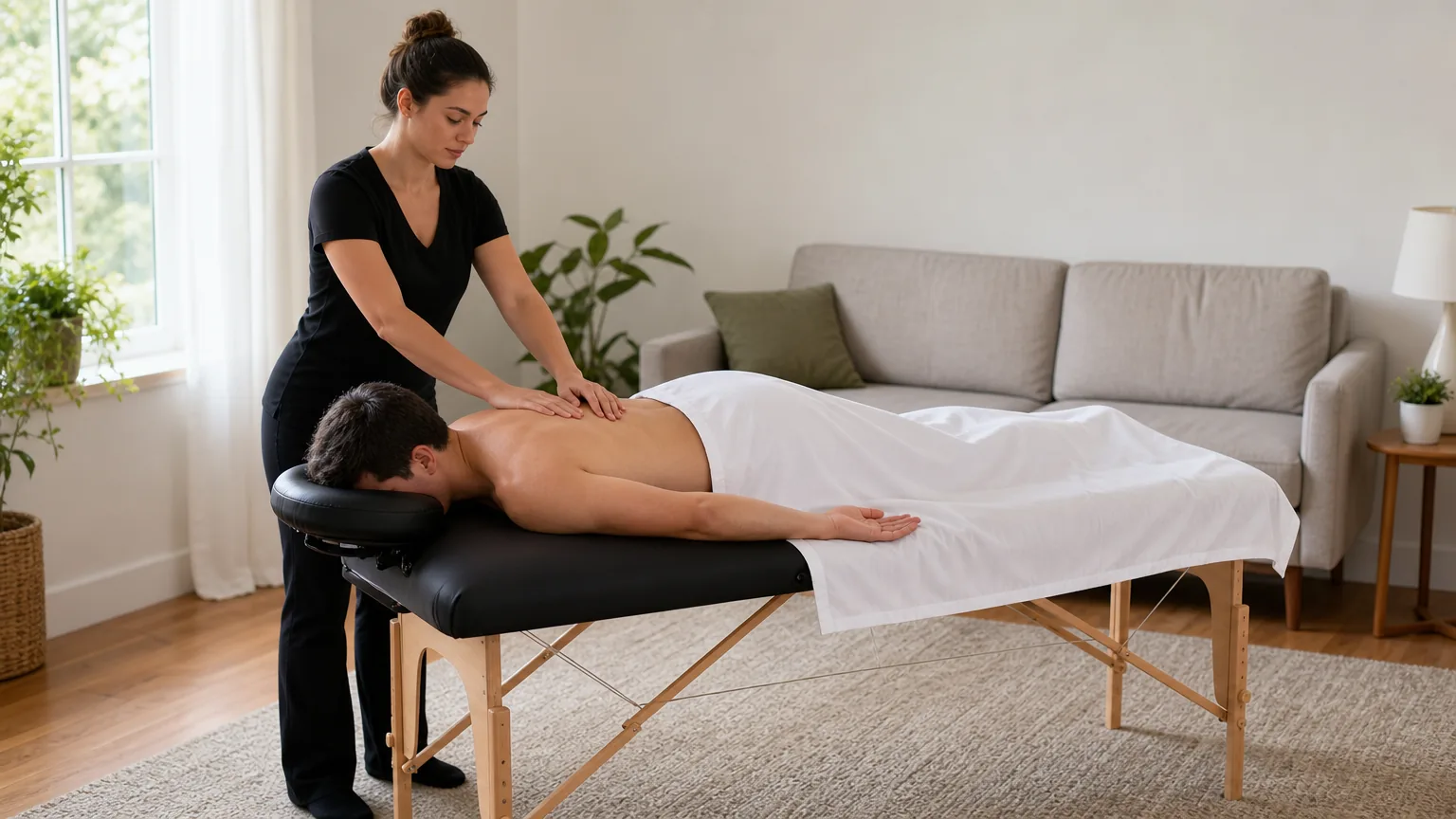 Therapist massaging a draped client on a portable table