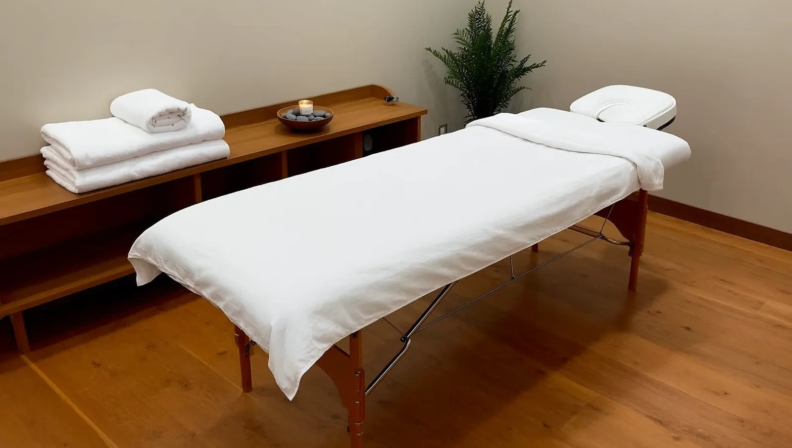 Empty spa treatment room with a massage table and folded towels