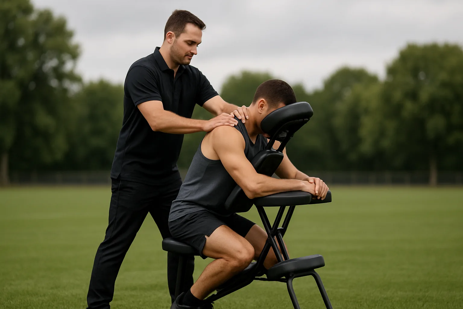 A massage therapist working on the upper back of an athlete seated in a portable massage chair on a grass field at an outdoor sports event.