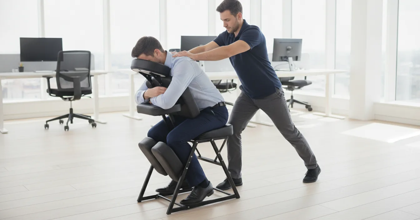 A massage therapist working on the shoulders of a fully clothed office worker seated in a portable massage chair in a bright open-plan office.