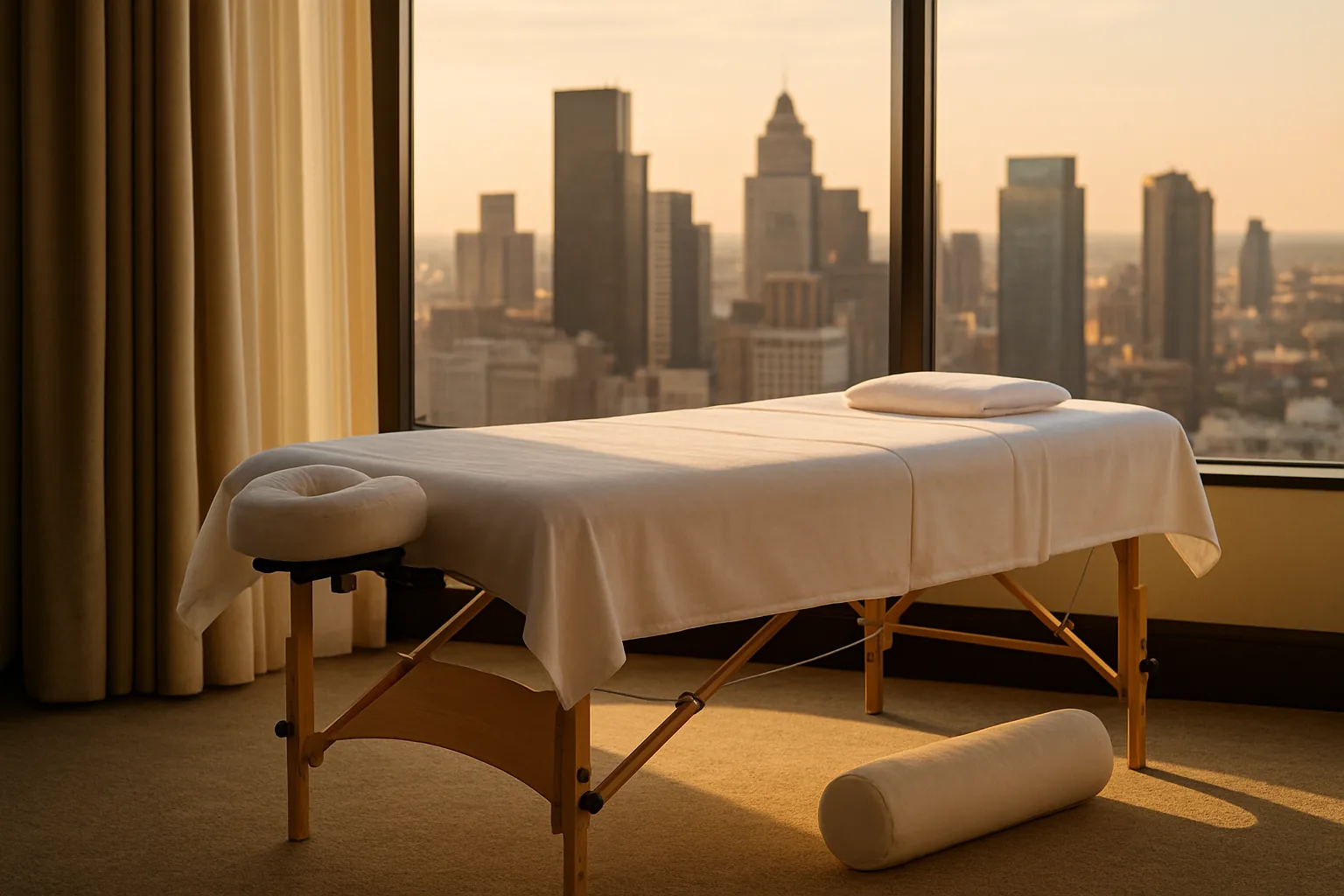 A portable massage table dressed in white linens set up beside a floor-to-ceiling window in a hotel suite overlooking a city skyline at sunset.