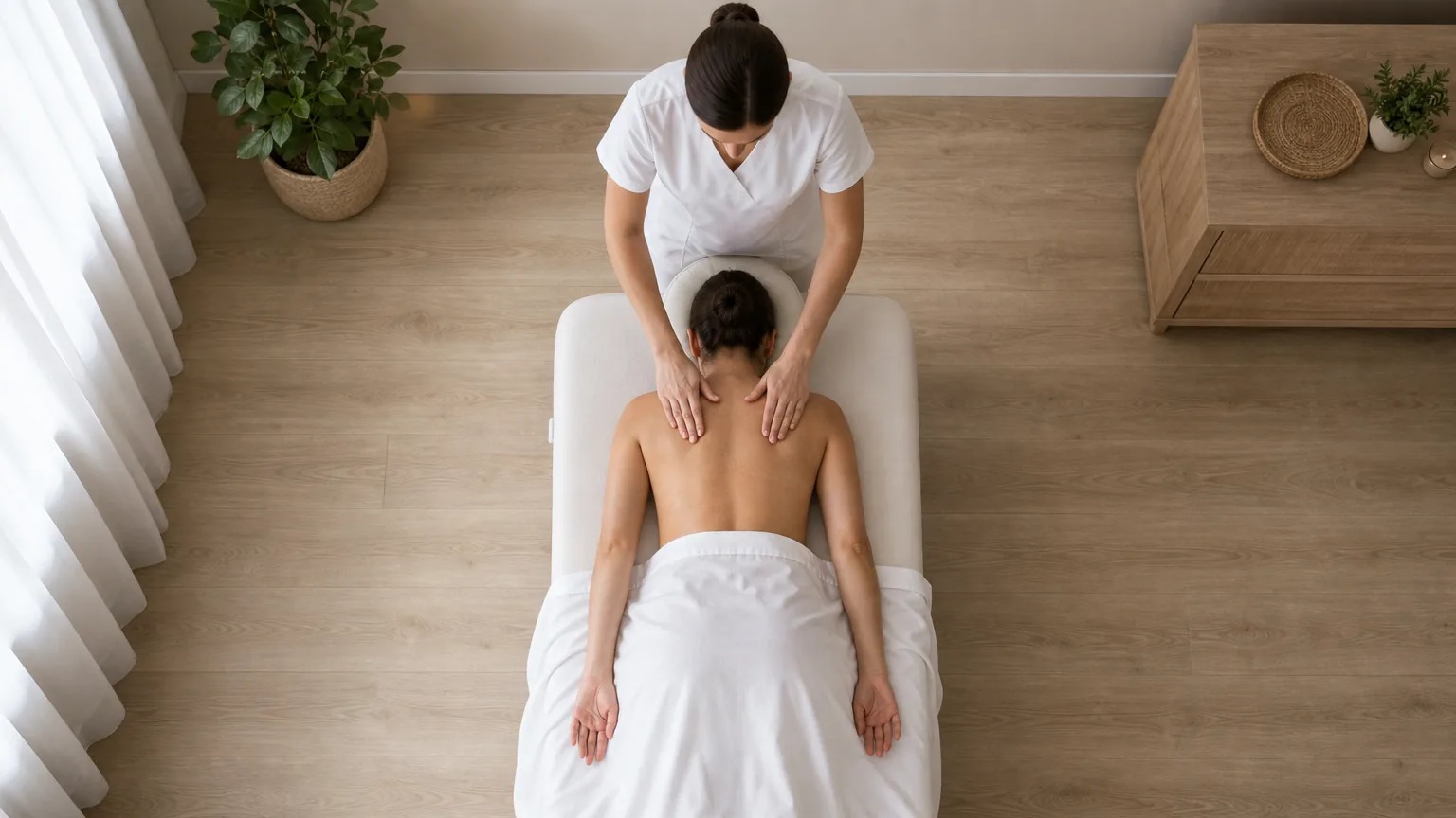 Therapist working a client's shoulders on a massage table