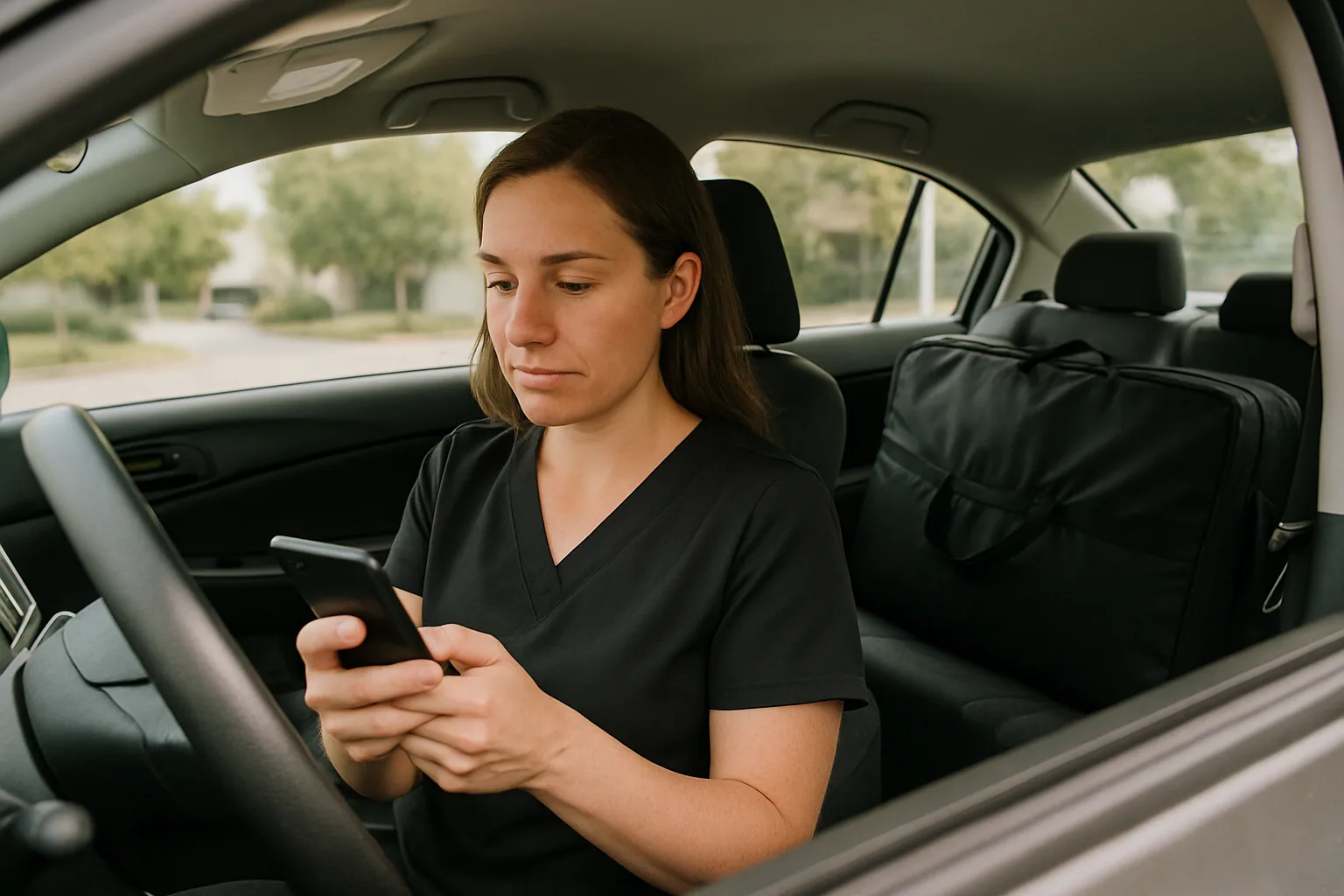 Massage therapist checking a phone in a parked car