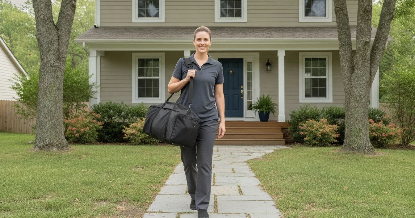 Massage therapist walking a front path with a table bag