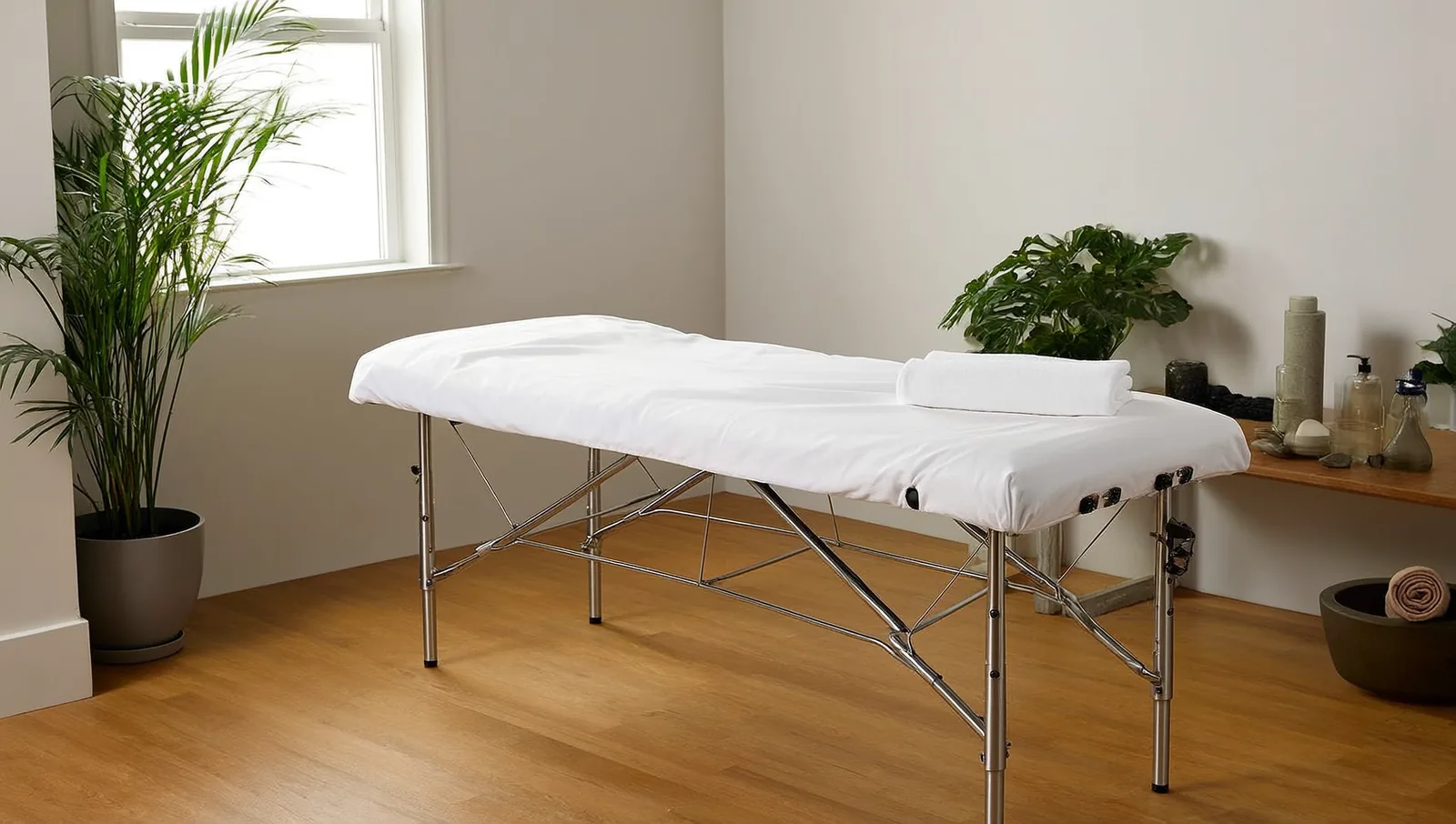 A portable massage table with fresh white linens set up in a bright, calm living room with houseplants and soft natural light.