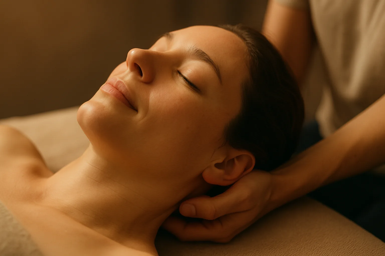 A calm person lying with eyes closed while a therapist's hands cradle the base of the skull and neck during a soothing massage.