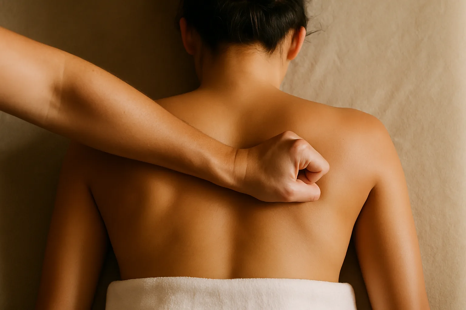 A massage therapist using their forearm to apply broad pressure along a client's upper back, viewed from directly above.