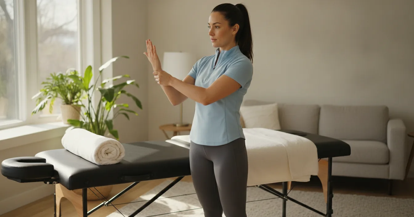 A massage therapist in athletic wear stretching her wrist and forearm beside a portable massage table in a bright living room.