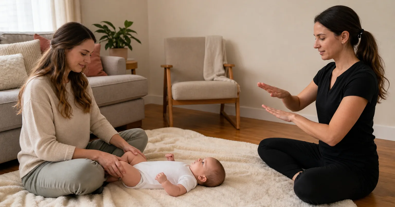Therapist gesturing beside a mother massaging her baby