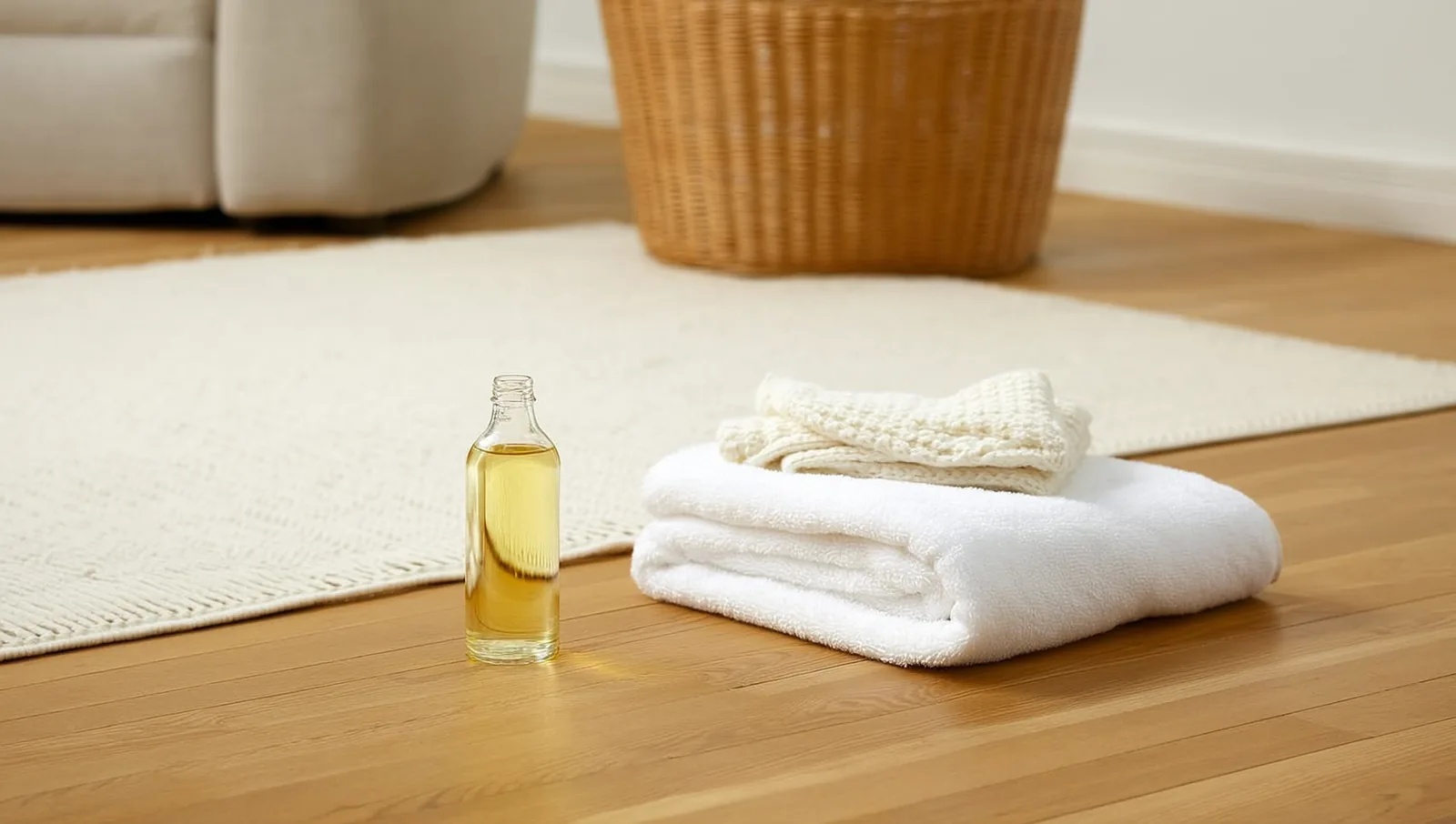 Bottle of oil beside a folded towel and blanket
