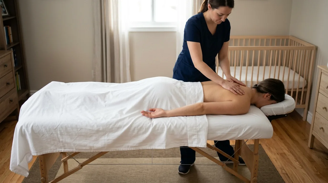 Therapist working on a woman's back beside a crib
